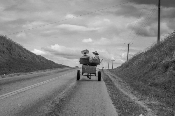 Black and white photo by Xavier Roy, 2 old men in sombrero hats riding a horse and cart, Cuba