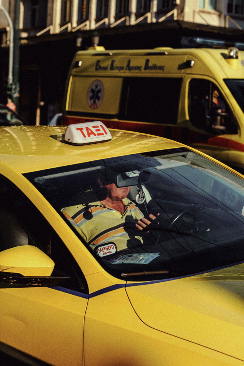 color street photograph of a taxi in Athens, Greece by Marina Nota