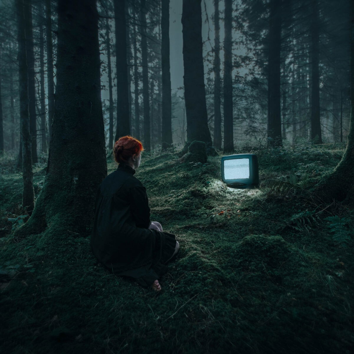 color conceptual fine art photo of woman and tv in woods by Ruby Hyde