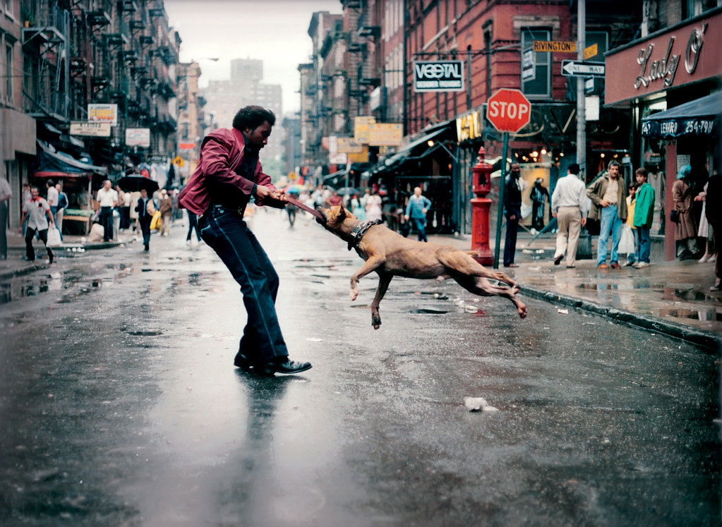 Street photography by Jamel Shabazz, man playing with dog, NYC, 1980