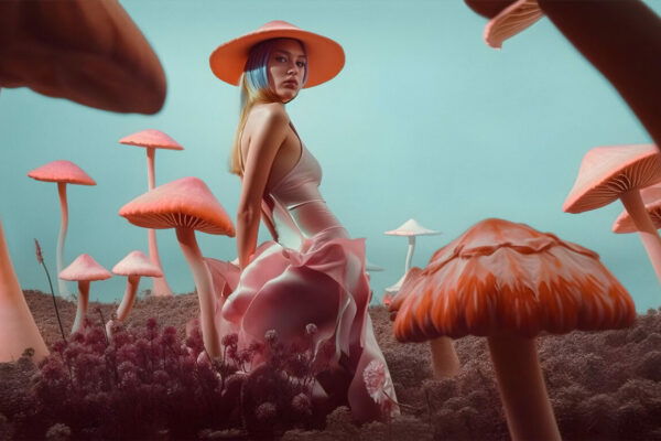 Ai generated image of a woman surrounded by pink mushrooms