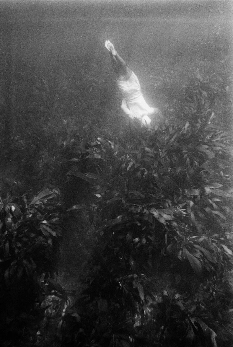 Black & white photo of underwater female diver in Japan by Uraguchi Kusukazu