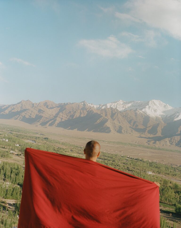 Photo of a man from behind holding a red cape with snow capped mountains the background