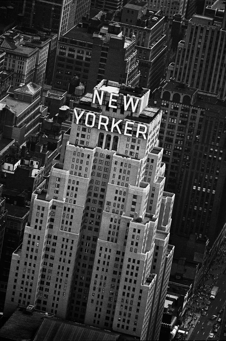 Black and white photo of the New Yorker building by Peter Lindbergh