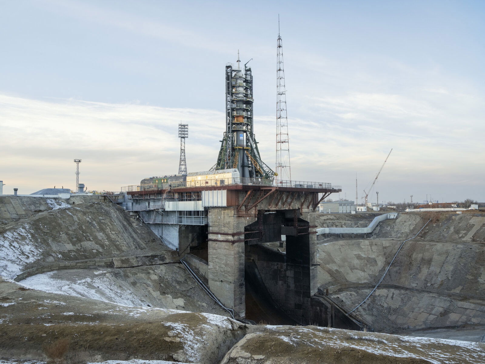 Documentary photography by Andrew McConnell. Soyuz rocket TMA-19M sits on Launch Pad One, at the Baikonur Cosmodrome, Kazakhstan 2015